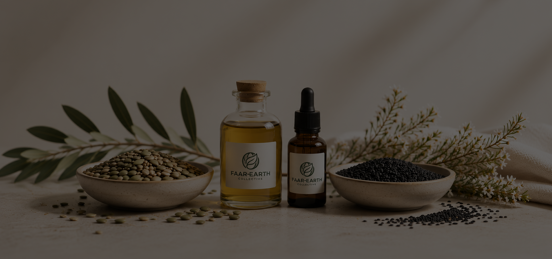 Faar Earth natural ingredients, seeds and cold pressed oils displayed on a wooden table