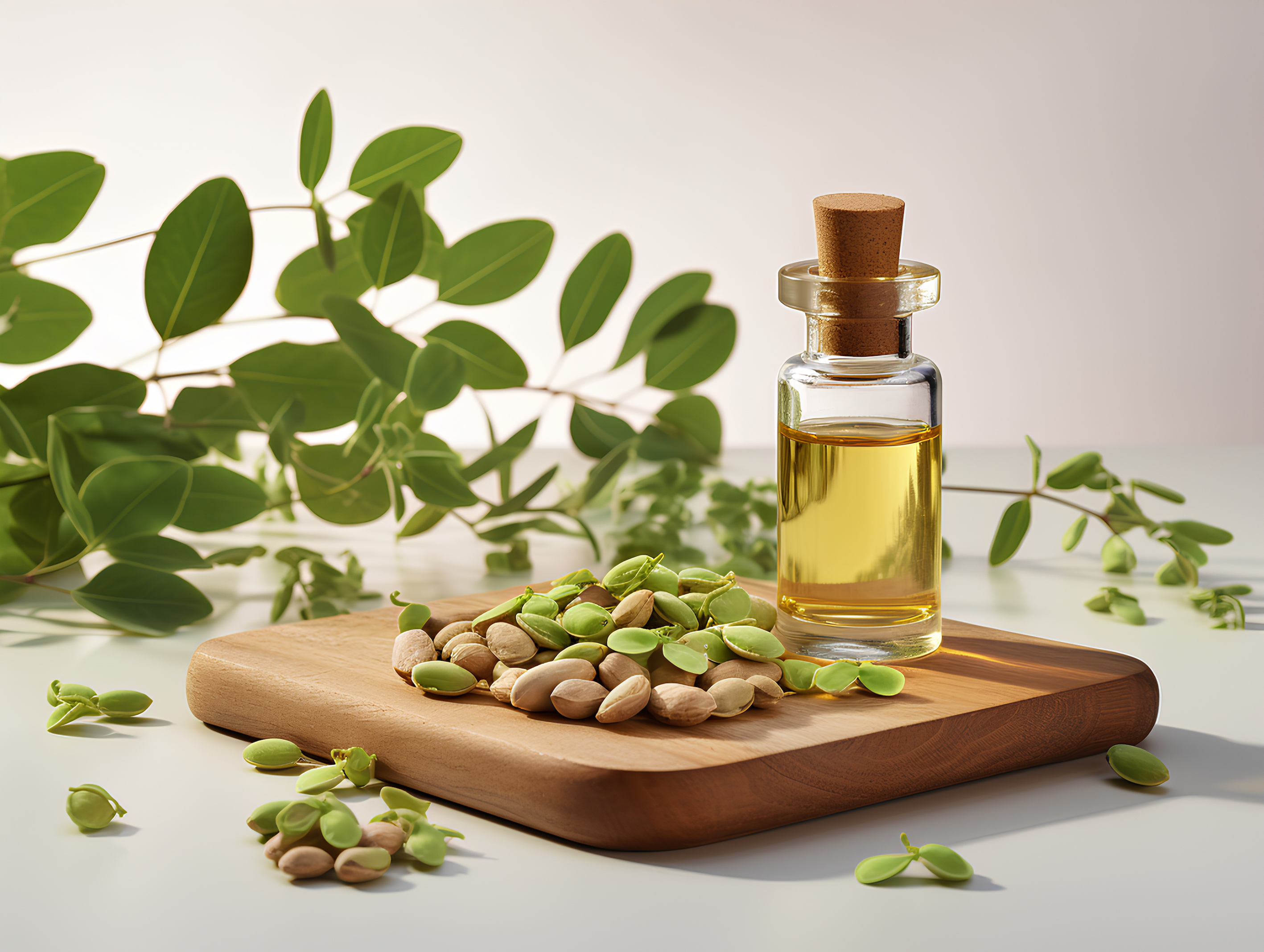 Faar Earth natural lifestyle setting with essential oil bottles and leaves